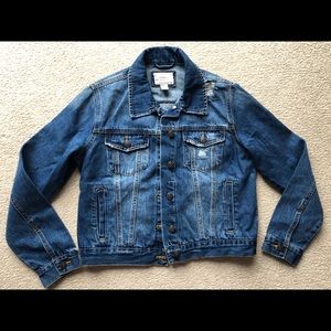 Womens Dark Blue Wash Distressed Ripped Denim Jean Jacket Forever 21 Long Sleeve